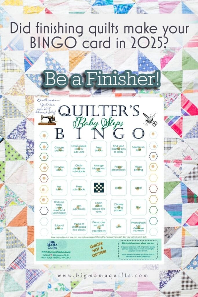 Completed Bingo card for a quilt over a completed quilt.