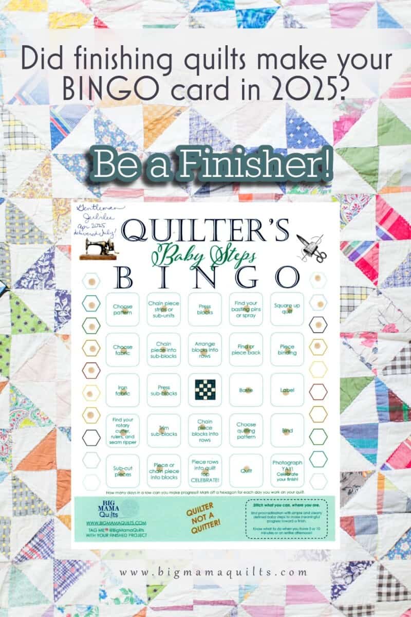 Completed Bingo card for a quilt over a completed quilt.