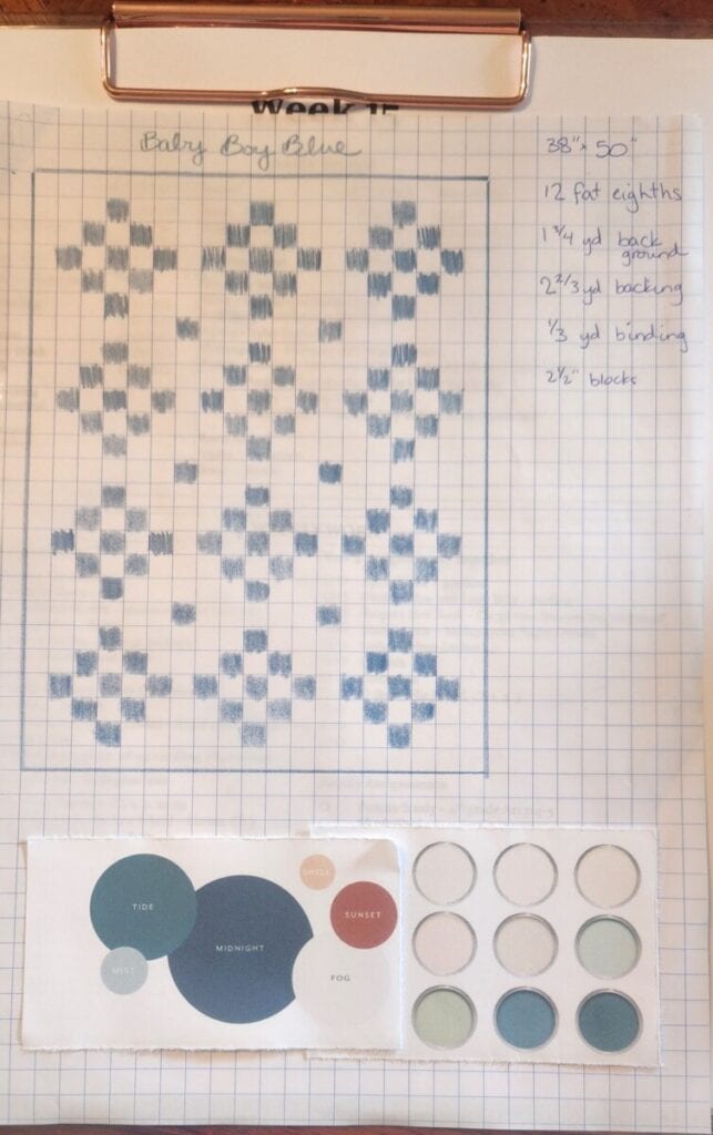 Sketch of a blue and white baby quilt and possible color palates.  Learn to quilt.